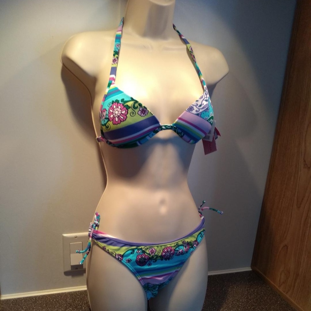 Women’s Floral Stripe Tie-Side Bikini - Teal & Purple
